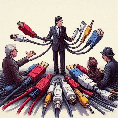 Images représentant un homme avec plein de câbles de connections
