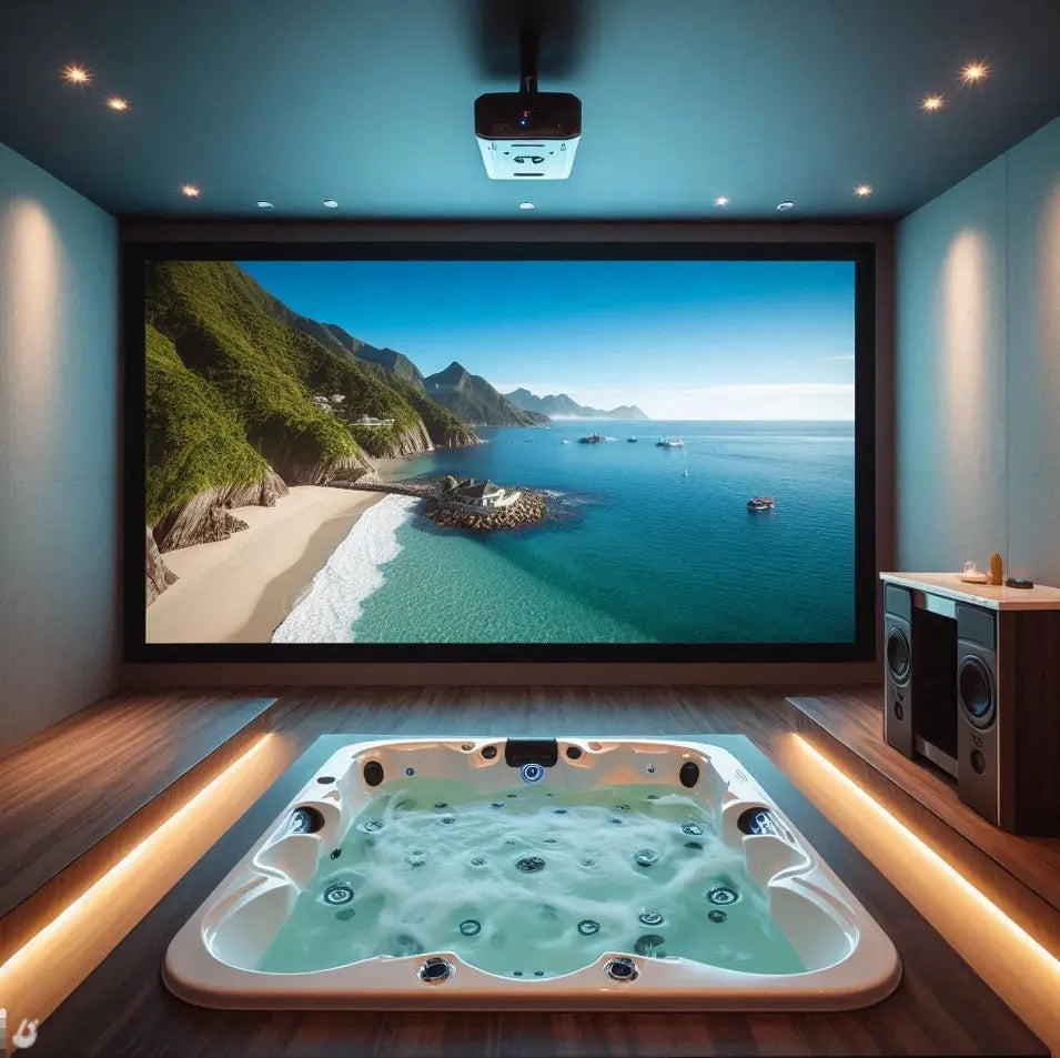 Un vidéoprojecteur diffuse un film devant un jacuzzi