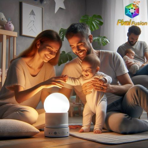 Famille qui fait découvrir une lumière à son enfant 