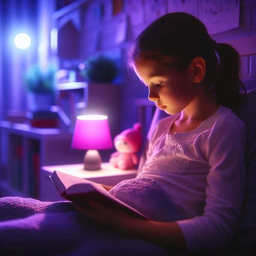 Une petite fille qui lie un livre avec un éclairage tamisé