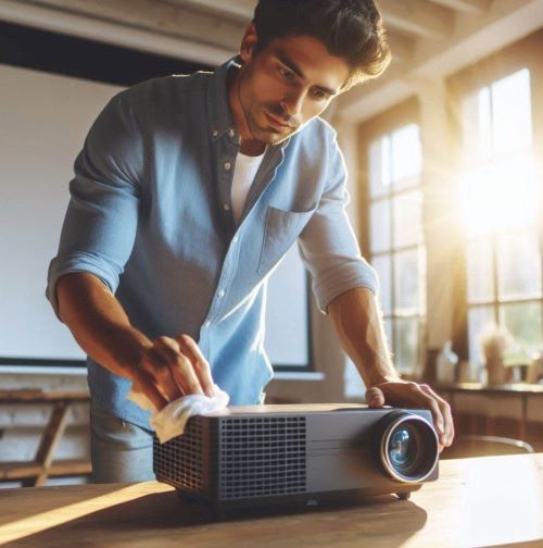 Un homme en pleine tâche de nettoyage minutieux d'un vidéoprojecteur
