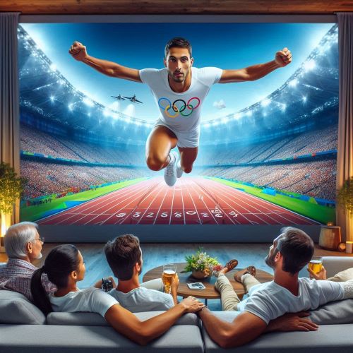 Des amis qui regardent les JO avec un vidéoprojecteur